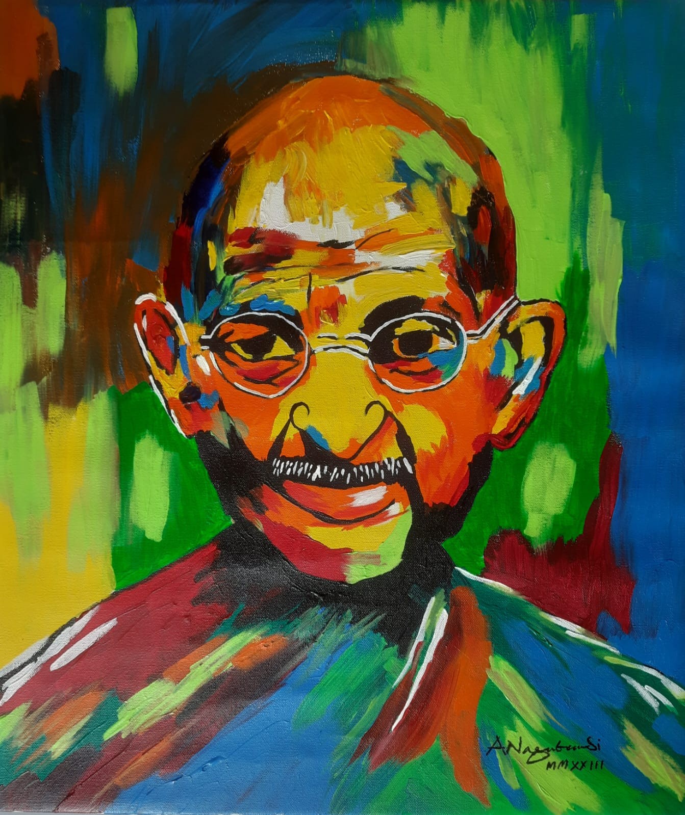 Expressionist acrylic portrait of Mahatma Gandhi from the chest up, wearing round wire glasses and smiling. The face is painted in yellow, orange and red with blue under the eyes and no naturalistic skin tone. The background is a loose field of green, blue, yellow and red vertical strokes.