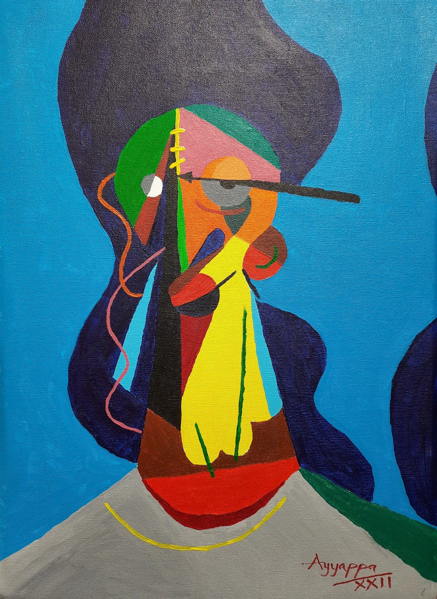 Cubist portrait on a flat cyan ground. A woman's face broken into planes of green, pink, orange and brown, with a grey eye in the green plane and a second eye under a long dark bar. A large dark purple mass of hair sits above, navy shapes fall on both sides, and a broad yellow form runs down the centre to a red curve and grey shoulders.