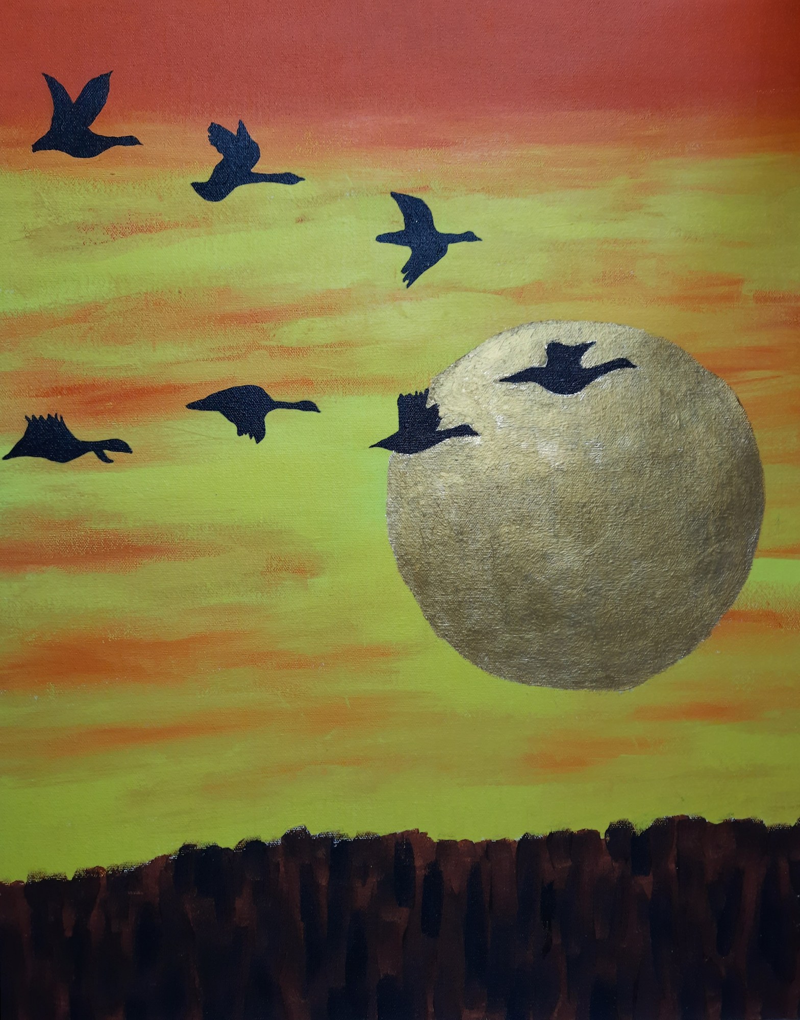 Acrylic and gold leaf painting of a sunset sky in bands of red, orange and yellow-green. A large gold leaf sun sits right of centre. Seven black bird silhouettes fly towards it at different heights, two of them overlapping the gold disc and one fully inside it. A ragged dark brown treeline runs along the bottom edge.