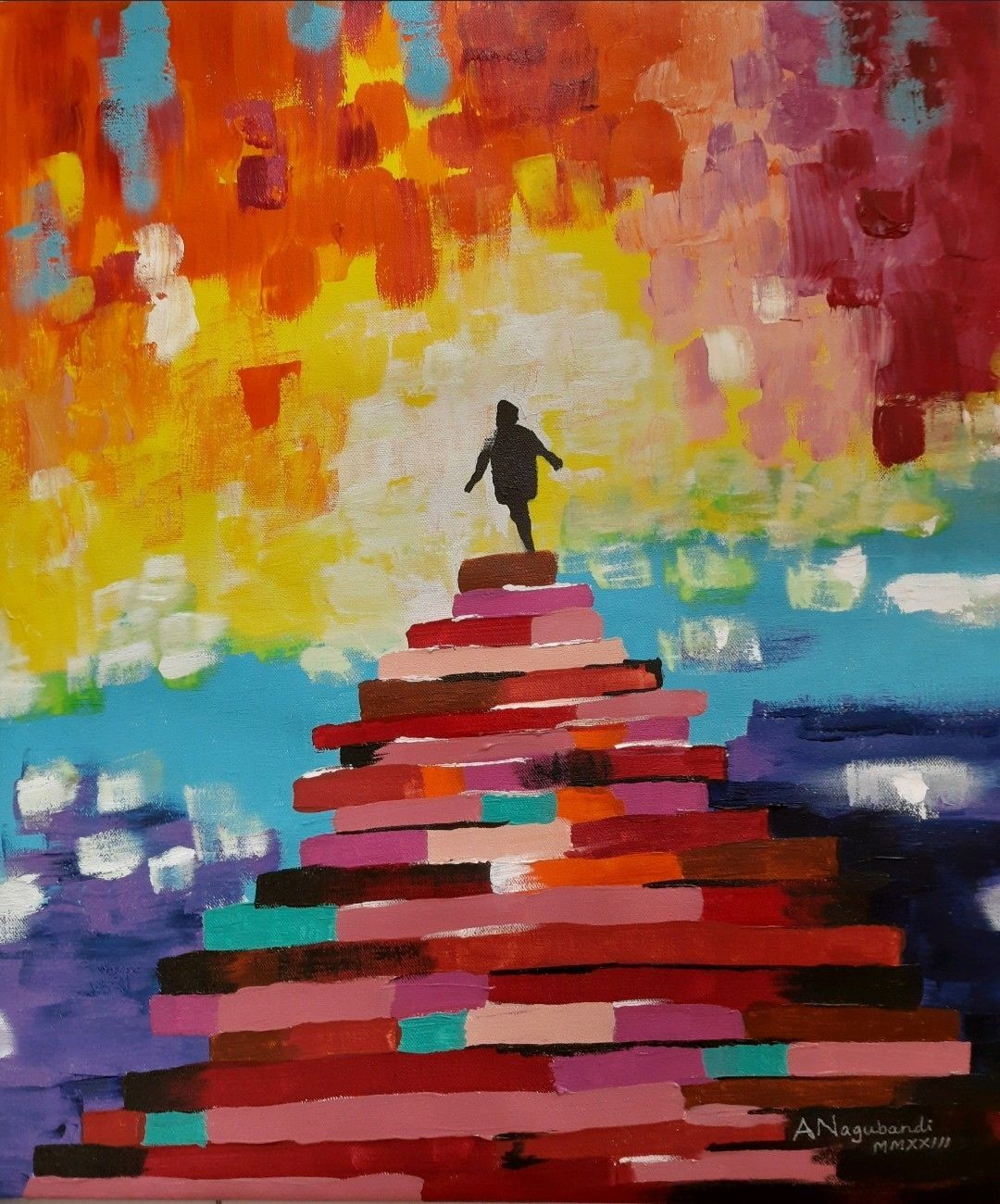 Acrylic painting of a staircase built from stacked horizontal brushstrokes in reds, pinks, browns, teals and black, rising from the bottom edge to a summit near the centre. A small dark figure stands on the top step. The background is dabbed in warm orange, yellow and pink above and cool blue and purple below.