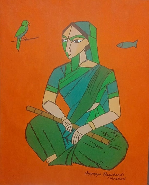 Acrylic painting of a woman seated cross-legged in a green and blue sari against a flat orange ground, holding a bamboo flute across her lap. Her face and clothing are built from flat planes outlined in dark line. A green parrot perches on a branch at upper left and a small fish floats at upper right.