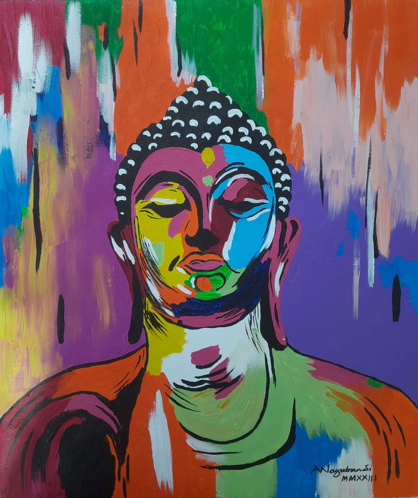 Acrylic painting of a Buddha's head and shoulders, eyes closed. The face is broken into flat patches of pink, yellow, blue, green and orange, outlined in black, with dark curled hair picked out in white. Behind it, paint in magenta, purple, orange, green and blue runs down the canvas in vertical drips.