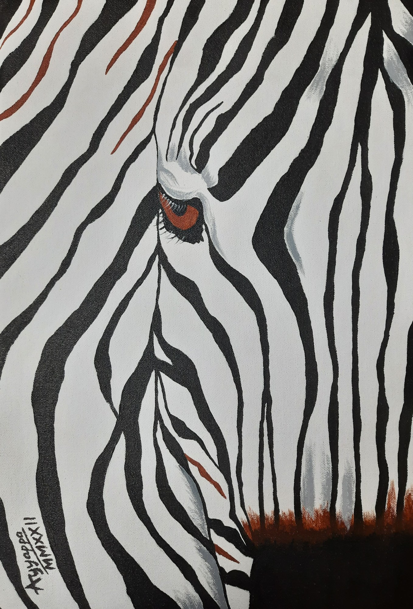 Acrylic painting of a zebra's face cropped so close that the stripes run off all four edges. Black stripes on white, with a single amber-brown eye and dark lashes left of centre. Rust-red streaks are laid across the white in several places, and a dark muzzle with rust-coloured hairs fills the lower right corner.