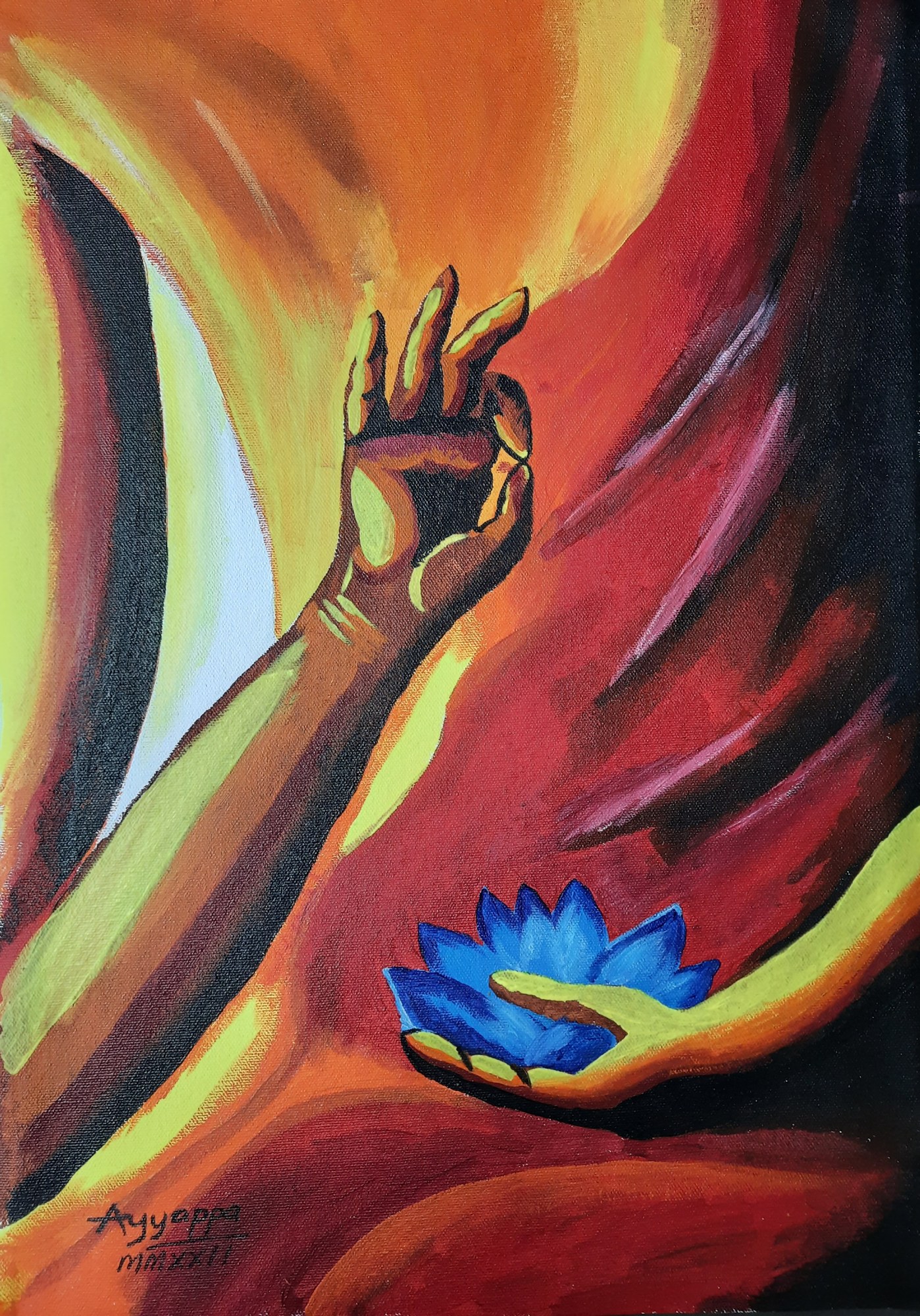 Acrylic painting in oranges, reds and yellows with lime green highlights. Two dark hands, no face and no body above the wrists: an upper hand raised with thumb and forefinger closed, a lower hand open palm-up holding a blue lotus. Broad sweeping brushstrokes run through both the robe and the space around it.