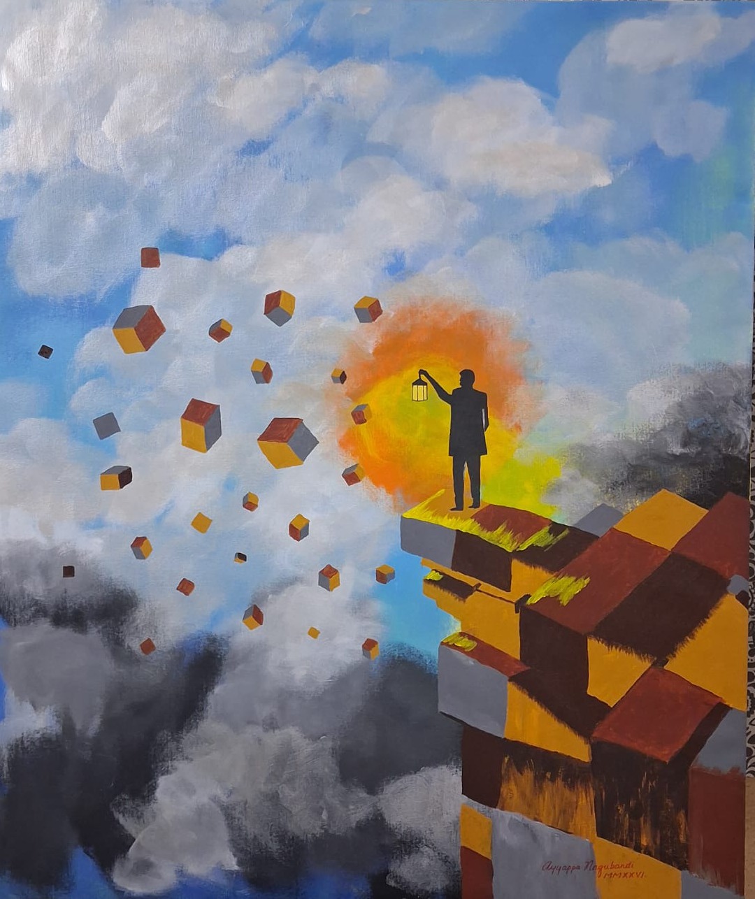 Acrylic painting of a figure standing on top of a tall stack of yellow, red and grey blocks, holding up a lantern in front of a glowing orange sun. Blocks are detaching from the stack and drifting left across a blue sky, growing smaller as they go. White cloud fills the upper left and dark grey smoke banks along the lower left.