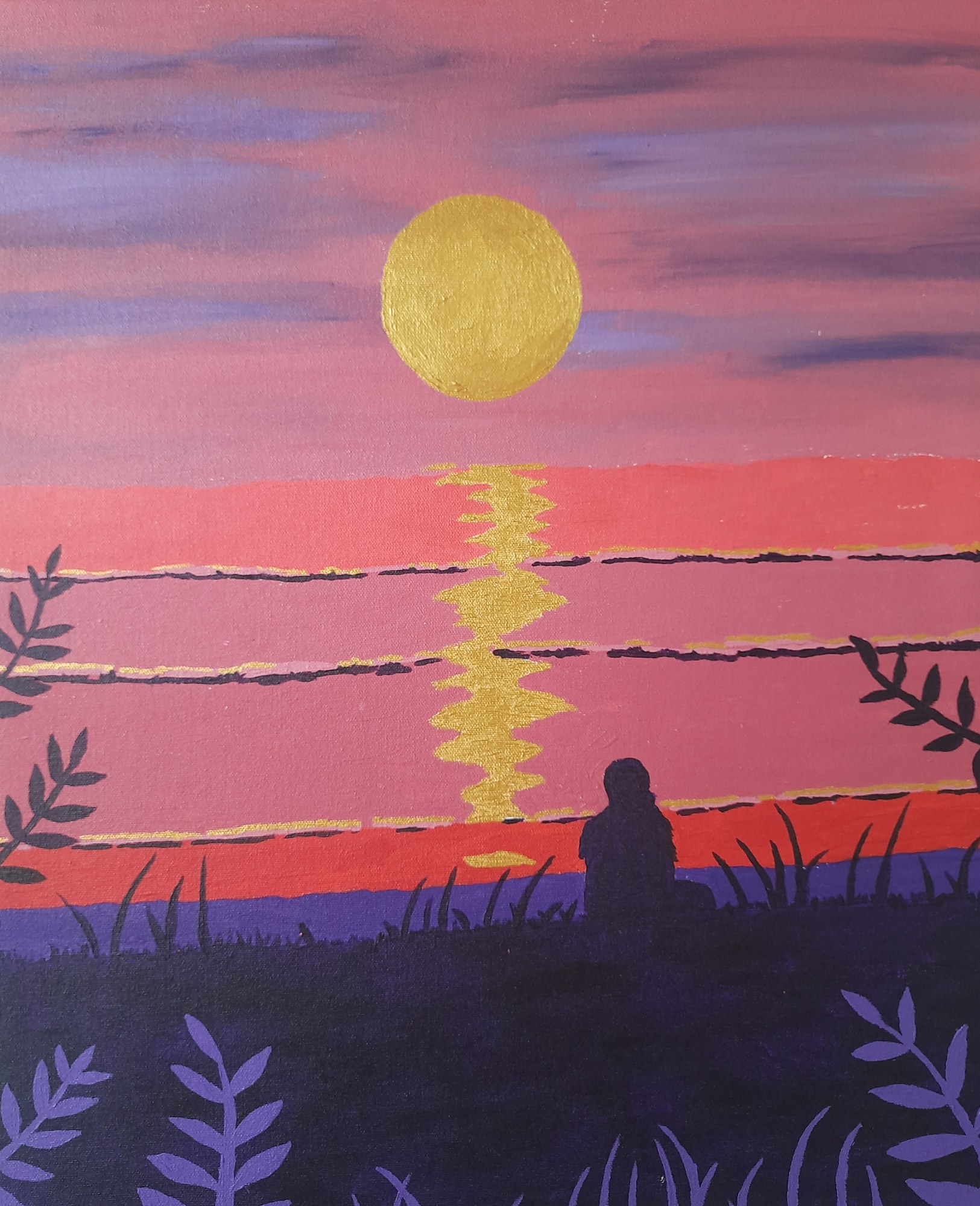 Acrylic and gold leaf painting of a sunset over water. A gold circle sits high in a pink and purple sky, with its reflection running down the water as a jagged gold column. The water is banded in coral, pink and red, crossed by dark horizontal streaks. A dark silhouetted figure sits on the bank at right, among silhouetted grasses and leaves.