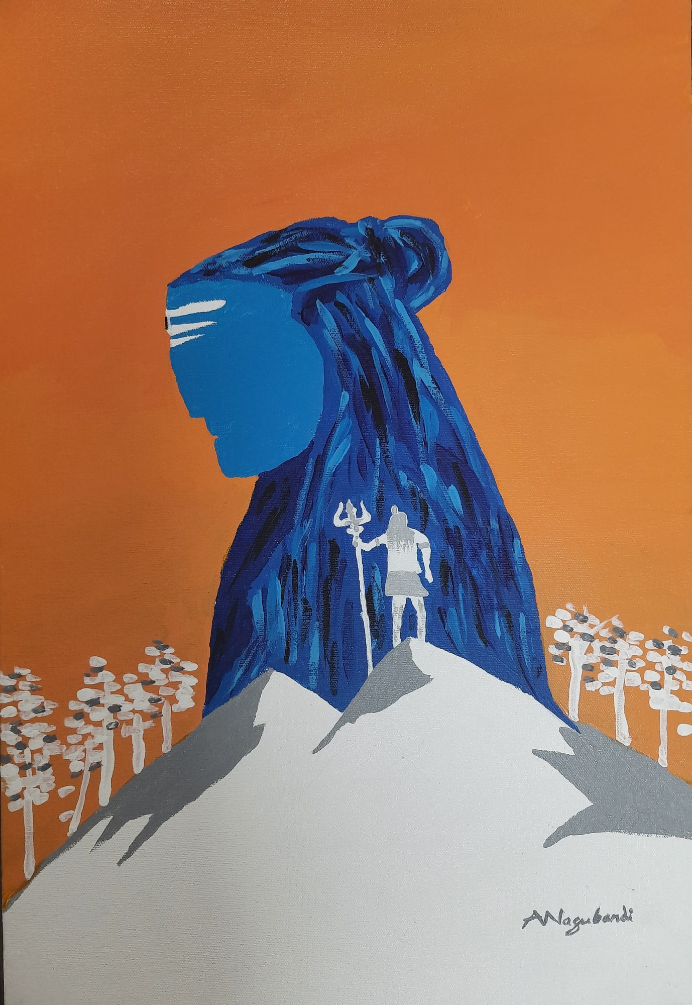 Acrylic painting on a flat orange ground. The head of Shiva in profile, painted blue, three white lines across the brow. His dark blue hair falls behind him and becomes a waterfall running down a snow-covered peak. A small grey figure holding a trident stands on the summit. Pale trees line the slope on both sides.