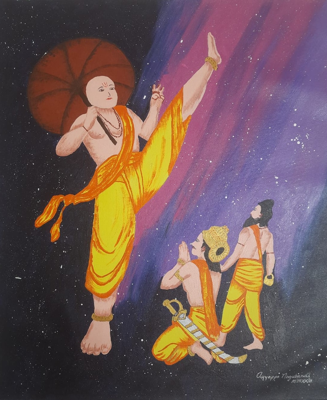 Acrylic painting of the Vamana avatar of Vishnu as a small brahmin figure in a yellow dhoti, one leg raised high, against a night sky of stars with a purple and magenta band. A dark red parasol sits behind his head. Below right, a crowned king kneels with folded hands beside a standing bearded figure.