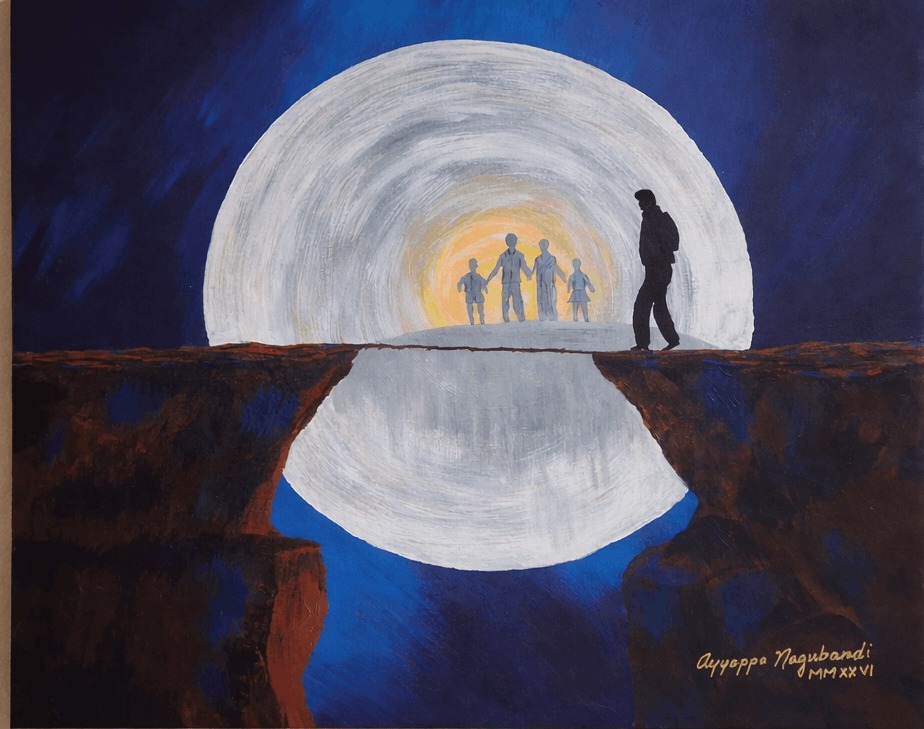 Acrylic painting of a dark blue night scene. A large pale disc sits behind a gap between two brown rock cliffs, and its horizontal middle forms the only bridge across the gap, with the rest of the circle continuing below it. Four small figures, two adults and two children, stand holding hands on the bridge in front of a warm yellow glow. A lone dark figure carrying a bag walks in from the right.
