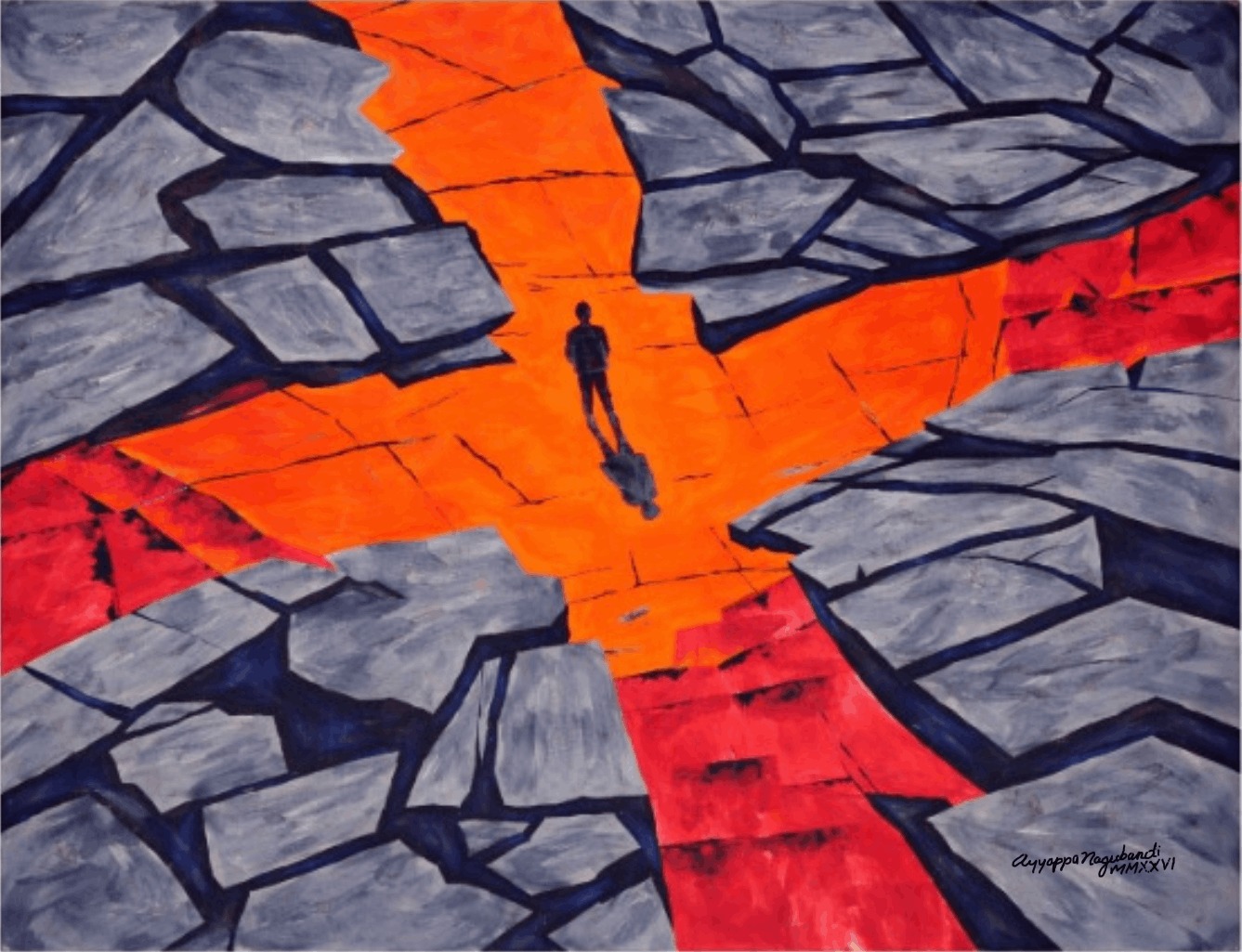 Acrylic painting seen from directly above: a ground of grey stone slabs separated by heavy dark navy fissures. A broad orange path runs through it in the shape of a crossroads, turning red towards three of its four ends. A small dark figure stands at the intersection, casting a long shadow.