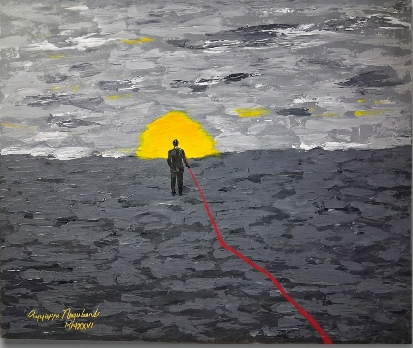 Acrylic painting in heavy palette-knife impasto, almost entirely grey. A man in a dark suit stands with his back to the viewer in still dark water, facing a yellow sun sitting on the horizon. A red line runs from his hand down across the water and off the bottom right corner. The sky above is built from slabs of grey and white with a few patches of yellow.